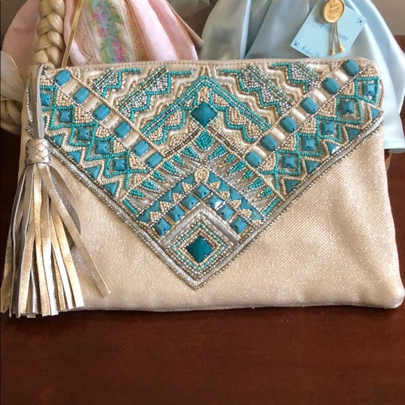 Chico's Handbags - Chico’s Turquoise Embellished Beaded Clutch